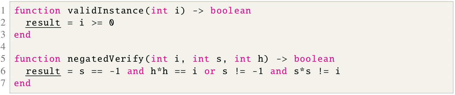Program 3.5: Natural square root problem definition with no complexity constraints